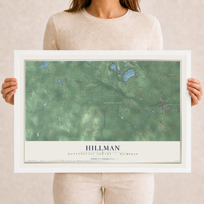 Map of Hillman, Montmorency County, Michigan, 12 x 18 inch print in a white wood frame