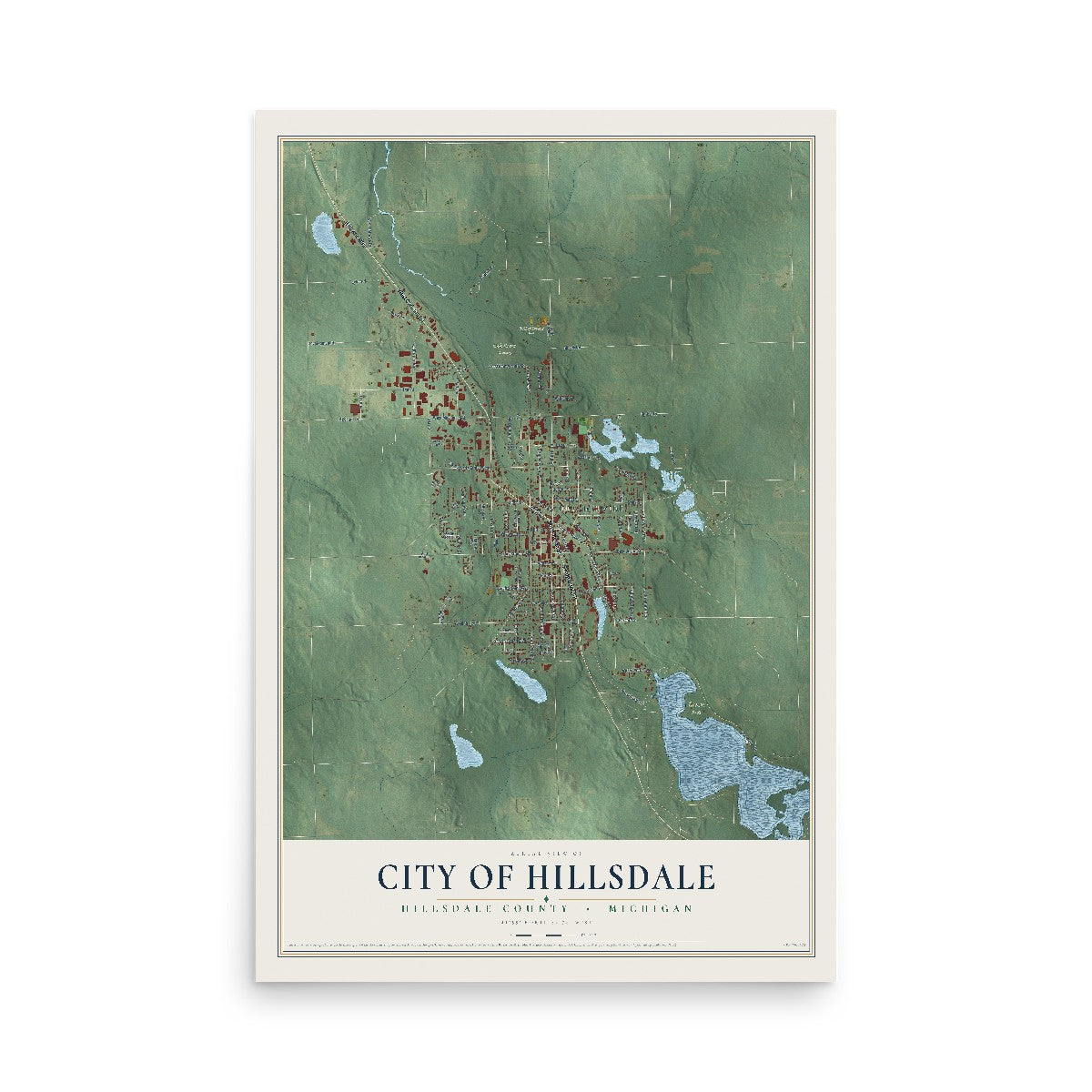Map of Hillsdale, Michigan, 12 x 18 inch unframed archival matte print