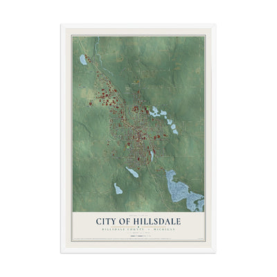 Map of Hillsdale, Michigan, 12 x 18 inch print in a white wood frame