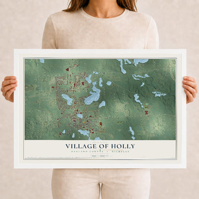 Map of Holly, Michigan, 12 x 18 inch print in a white wood frame