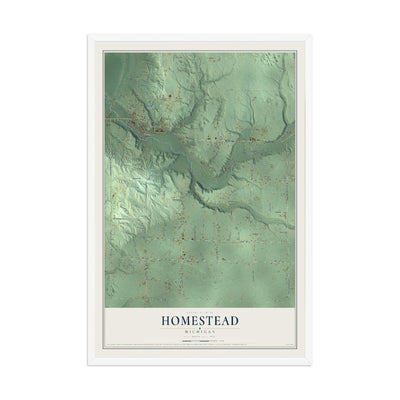 Map of Homestead, Michigan, 12 x 18 inch print in a white wood frame