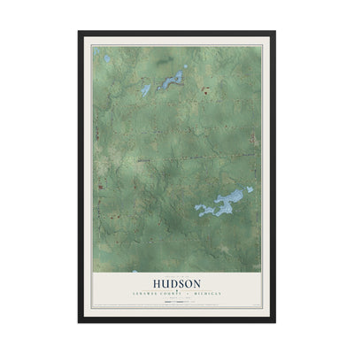 Map of Hudson, Lenawee County, Michigan, 12 x 18 inch print in a black wood frame