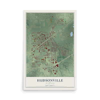 Map of Hudsonville, Michigan, 12 x 18 inch unframed archival matte print