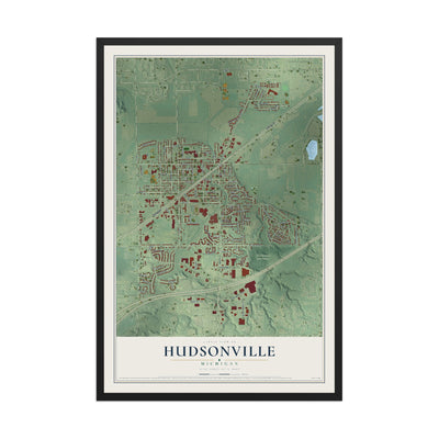 Map of Hudsonville, Michigan, 12 x 18 inch print in a black wood frame