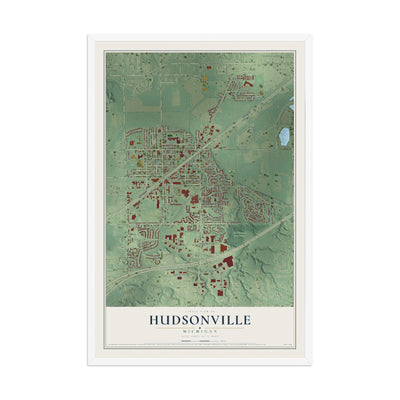 Map of Hudsonville, Michigan, 12 x 18 inch print in a white wood frame