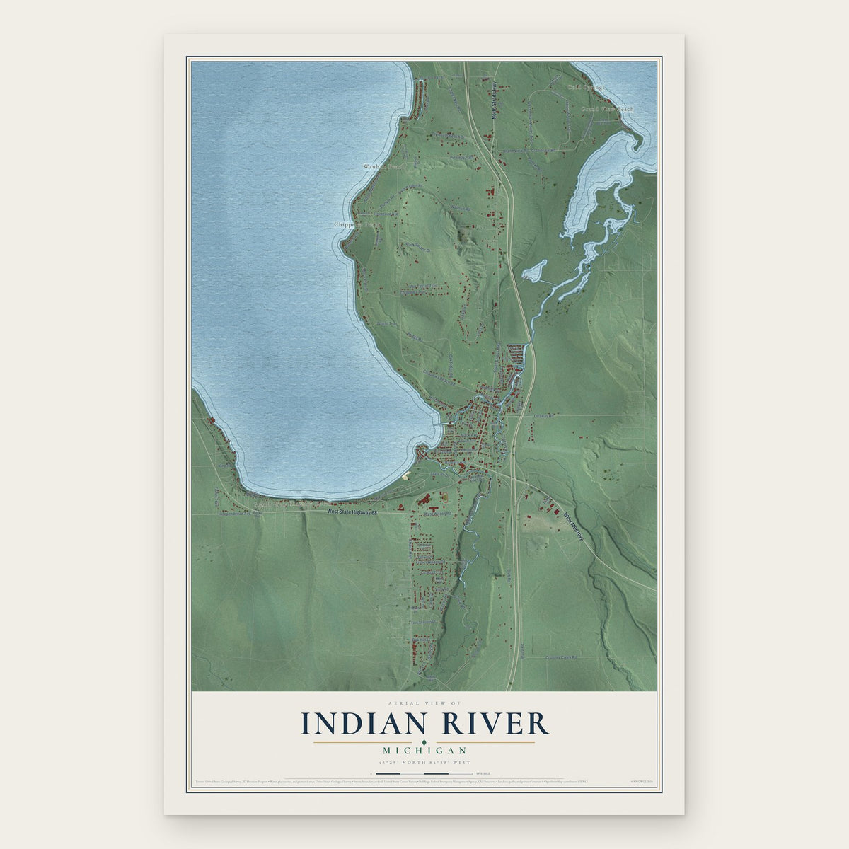 Indian River, Michigan map print, the full design
