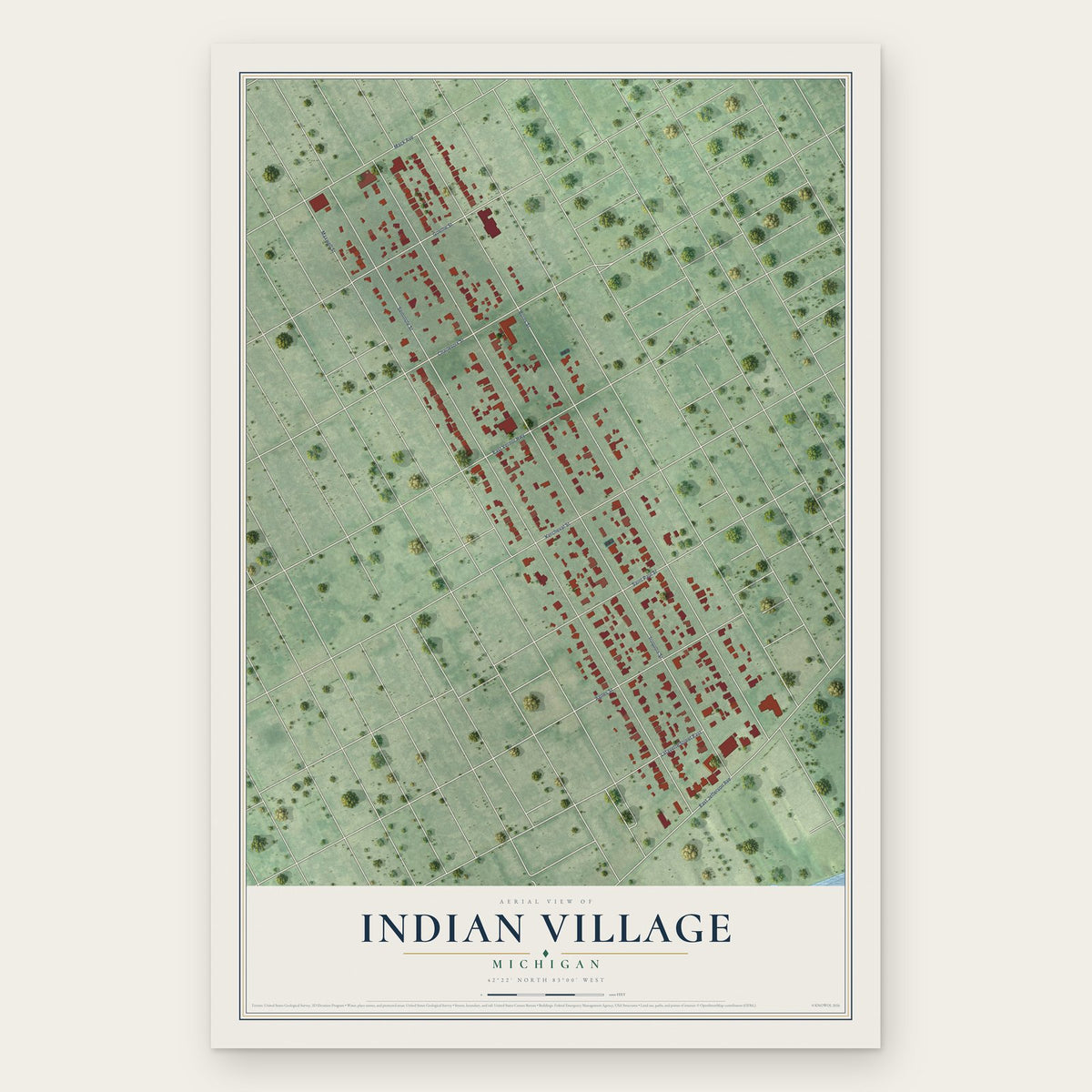 Indian Village, Michigan map print, the full design