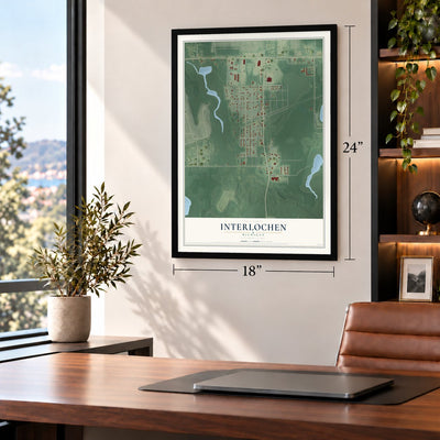 Interlochen, Michigan map, 18 x 24 inch print in a black frame in a home office
