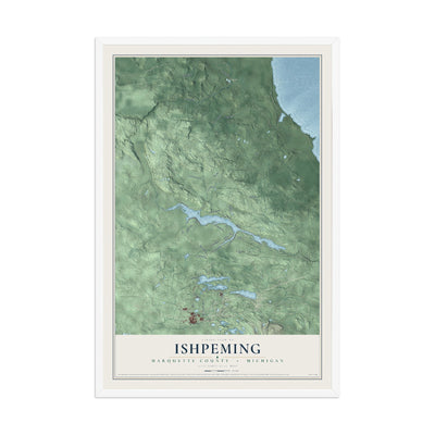 Map of Ishpeming, Marquette County, Michigan, 12 x 18 inch print in a white wood frame