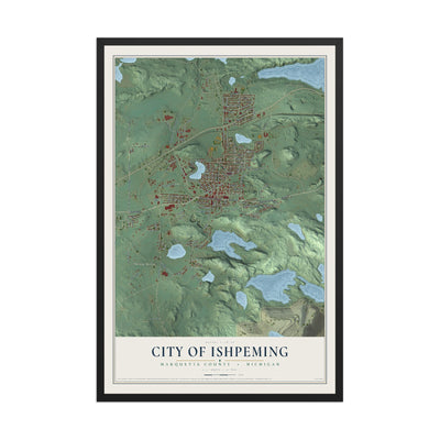 Map of Ishpeming, Michigan, 12 x 18 inch print in a black wood frame