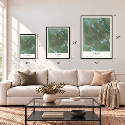 Jenison, Michigan map in 12 x 18, 18 x 24 and 24 x 36 inch sizes above a sofa
