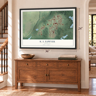 K. I. Sawyer, Michigan map, 24 x 36 inch print in a black frame above a dresser by a staircase