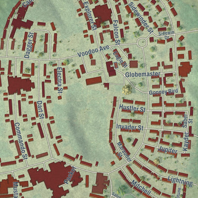Close-up of the map of K. I. Sawyer, Michigan print showing street and building detail