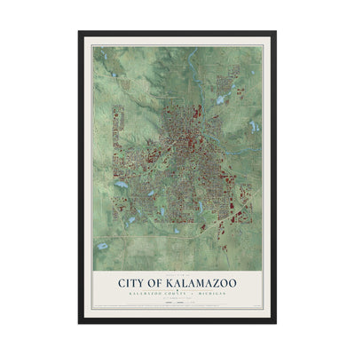 Map of Kalamazoo, Michigan, 12 x 18 inch print in a black wood frame
