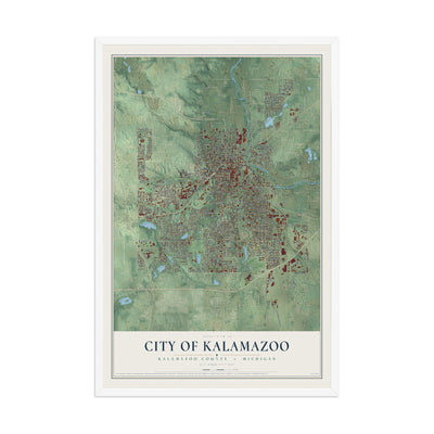 Map of Kalamazoo, Michigan, 12 x 18 inch print in a white wood frame