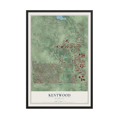 Map of Kentwood, Michigan, 12 x 18 inch print in a black wood frame