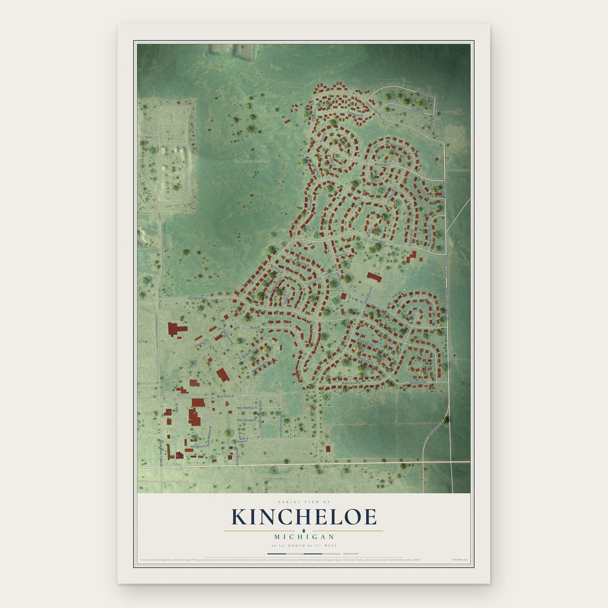 Kincheloe, Michigan map print, the full design