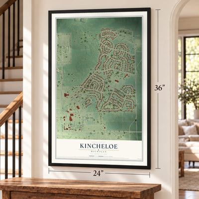 Kincheloe, Michigan map, 24 x 36 inch print in a black frame by a staircase