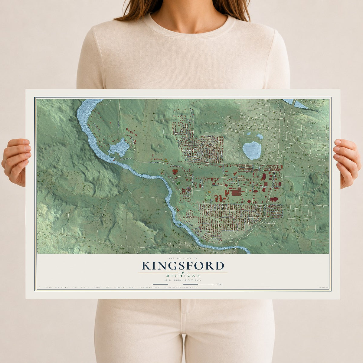 Map of Kingsford, Michigan, 12 x 18 inch unframed archival matte print