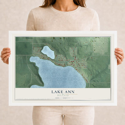 Map of Lake Ann, Michigan, 12 x 18 inch print in a white wood frame