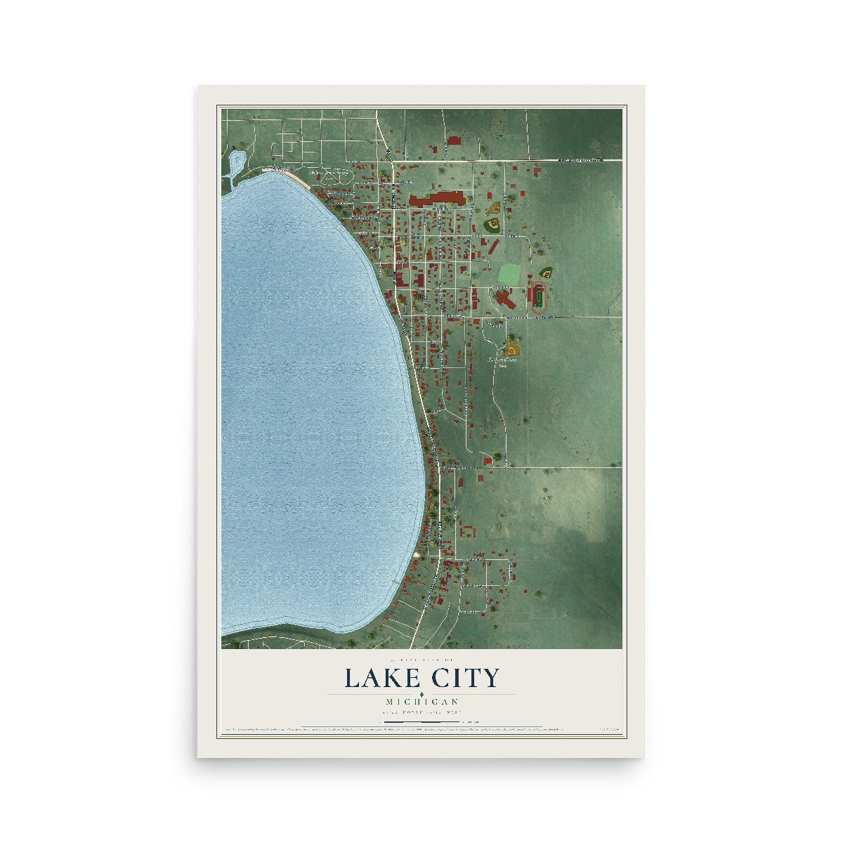 Map of Lake City, Michigan, 12 x 18 inch unframed archival matte print