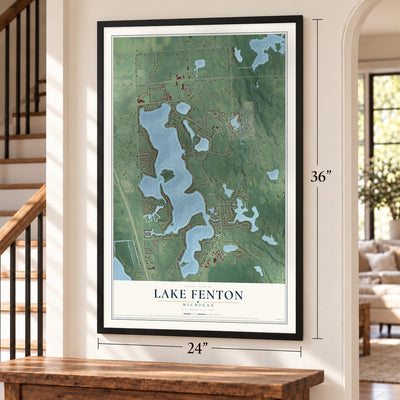 Lake Fenton, Michigan map, 24 x 36 inch print in a black frame by a staircase