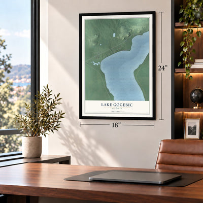 Lake Gogebic, Michigan map, 18 x 24 inch print in a black frame in a home office