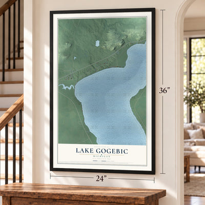 Lake Gogebic, Michigan map, 24 x 36 inch print in a black frame by a staircase