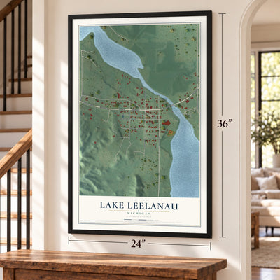 Lake Leelanau, Michigan map, 24 x 36 inch print in a black frame by a staircase