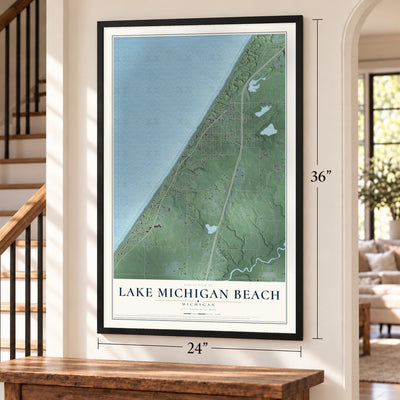 Lake Michigan Beach, Michigan map, 24 x 36 inch print in a black frame by a staircase