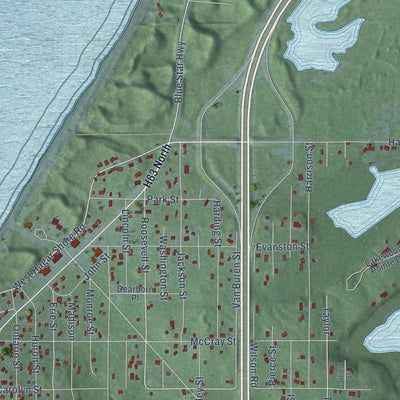 Close-up of the map of Lake Michigan Beach, Michigan print showing street and building detail