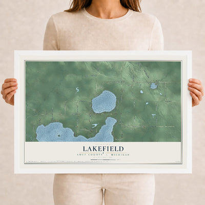 Map of Lakefield, Luce County, Michigan, 12 x 18 inch print in a white wood frame
