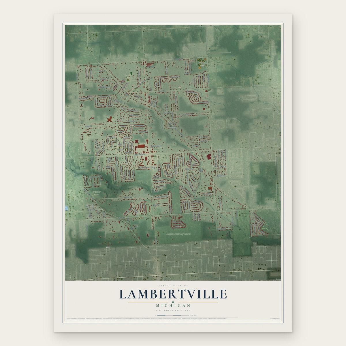 Lambertville, Michigan map print, the full design