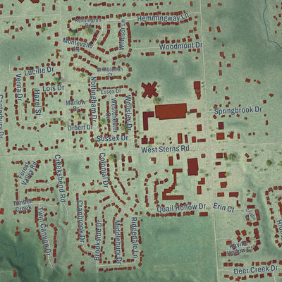 Close-up of the map of Lambertville, Michigan print showing street and building detail