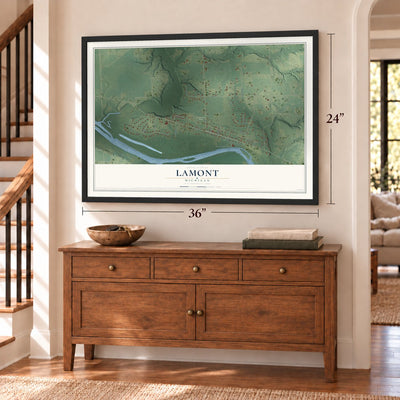 Lamont, Michigan map, 24 x 36 inch print in a black frame above a dresser by a staircase