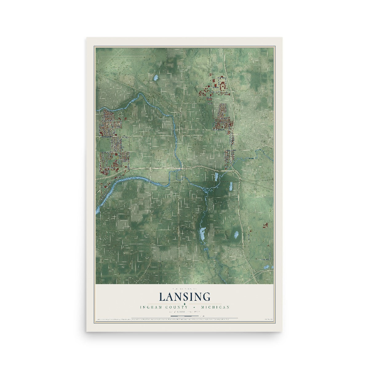 Map of Lansing, Ingham County, Michigan, 12 x 18 inch unframed archival matte print