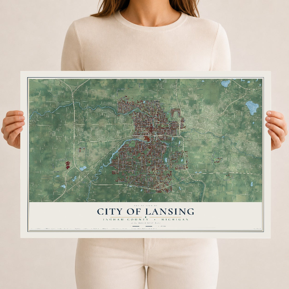 Map of Lansing, Michigan, 12 x 18 inch unframed archival matte print