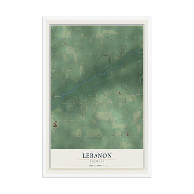 Map of Lebanon, Michigan, 12 x 18 inch print in a white wood frame