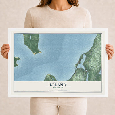 Map of Leland, Michigan, 12 x 18 inch print in a white wood frame