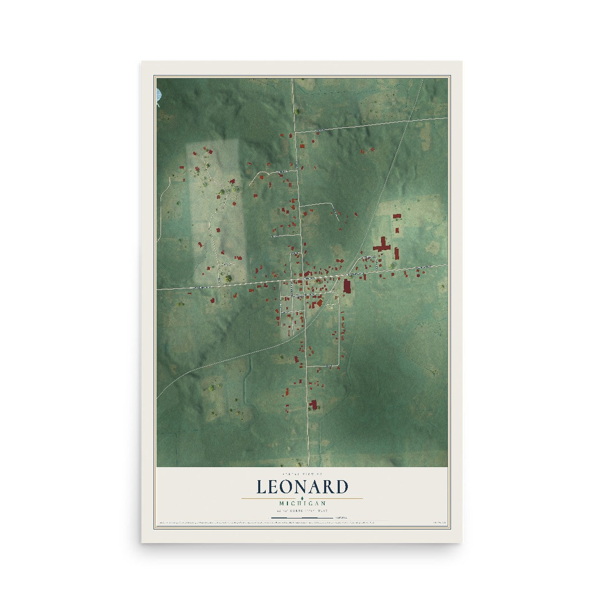 Map of Leonard, Michigan, 12 x 18 inch unframed archival matte print