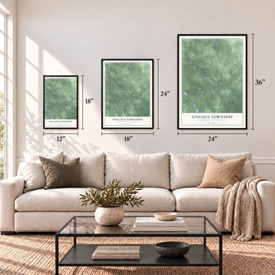 Lincoln Township, Clare County, Michigan map in 12 x 18, 18 x 24 and 24 x 36 inch sizes above a sofa