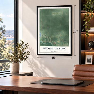 Lincoln Township, Midland County, Michigan map, 18 x 24 inch print in a black frame in a home office