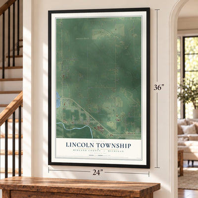 Lincoln Township, Midland County, Michigan map, 24 x 36 inch print in a black frame by a staircase