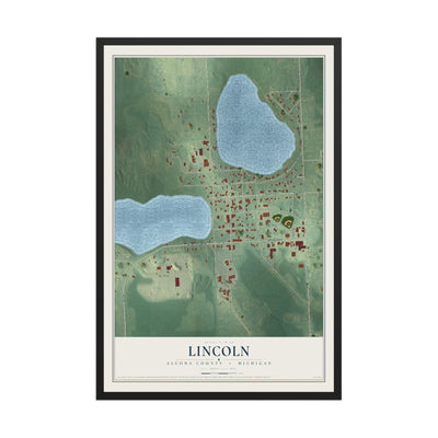 Map of Lincoln, Alcona County, Michigan, 12 x 18 inch print in a black wood frame