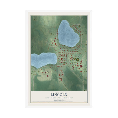 Map of Lincoln, Alcona County, Michigan, 12 x 18 inch print in a white wood frame