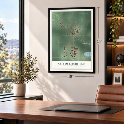 Litchfield, Michigan map, 18 x 24 inch print in a black frame in a home office