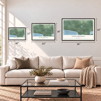 Little Traverse, Michigan map in 12 x 18, 18 x 24 and 24 x 36 inch sizes above a sofa