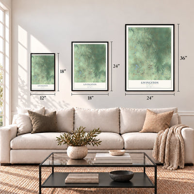 Livingston, Michigan map in 12 x 18, 18 x 24 and 24 x 36 inch sizes above a sofa