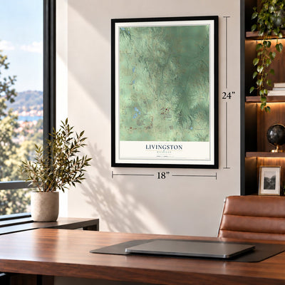 Livingston, Michigan map, 18 x 24 inch print in a black frame in a home office