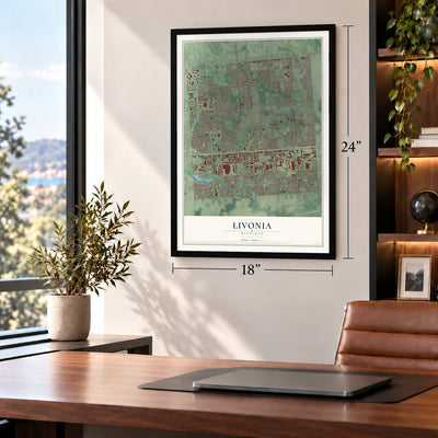 Livonia, Michigan map, 18 x 24 inch print in a black frame in a home office